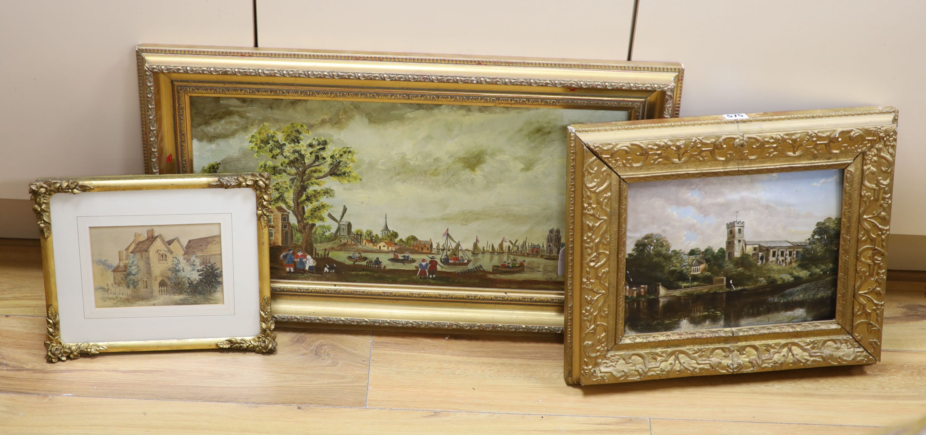 B.A. Richmond, oil on canvas, 17th century style Dutch river landscape, 30 x 60cm, an oil of a riverside church, c.1900 and a small watercolour of a cottage